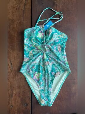 Cupshe One Piece Swimsuit Teal Paisley Keyhole NWT Sz M (162)
